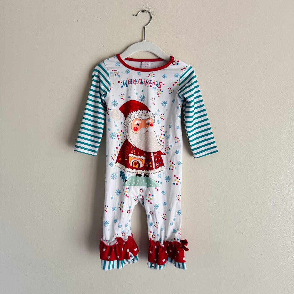Penelope Plumm White + Blue Christmas Santa Ruffle Trim Jumpsuit 6 Months
